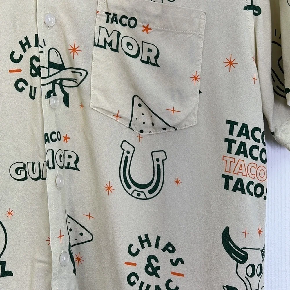 Duvin - Beige Taco Guacamole Fun Graphic Short Sleeve Button Up Size Small - Picture 8 of 12